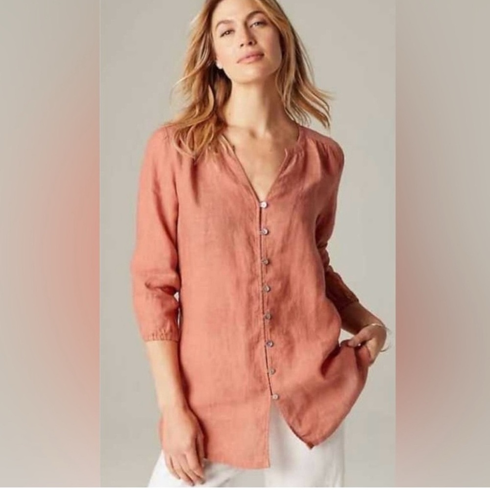Womens Rust Color Button-Front Linen Tunic Top